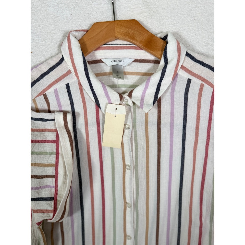 Cj Banks Womens 2X Striped Cotton Button Down Shirt Short Sleeve Multi Color NWT